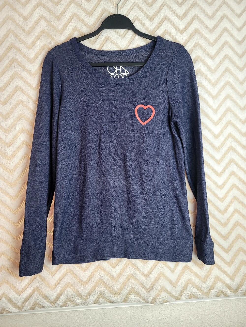 Chaser Navy Blue Long Sleeve Sweater with Red Heart
